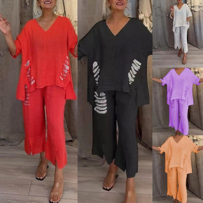 ✨💖【50% reducere】【S-5XL】Costum casual pentru femei, din două piese, din bumbac și în, cu decolteu în V, 2025 
