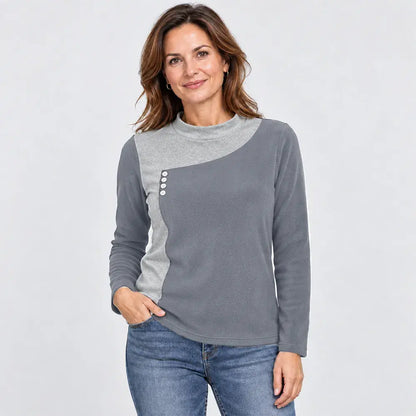 【M – 3XL / 4 farieb】Blúzka v štýle color-block so stojačikom a ozdobnými gombíkmi (ľahký hrejivý flís)