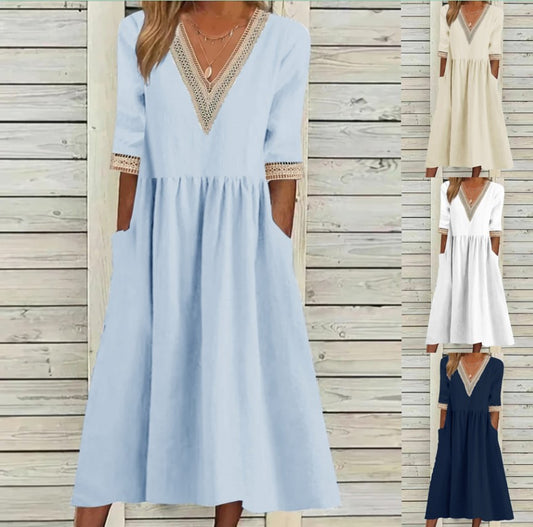 🌈✨【Ljetni popust na nove proizvode🔥】【S-2XL】Ljetna modna haljina od pamuka i lana s čipkastim ovratnikom 