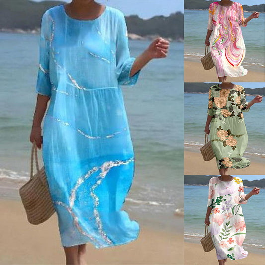 💞💖【S-5XL】Rochie lungă și lejeră, la modă, vara 2025——Decolteu rotund, imprimeu, stil la modă și casual! 💖✨ 