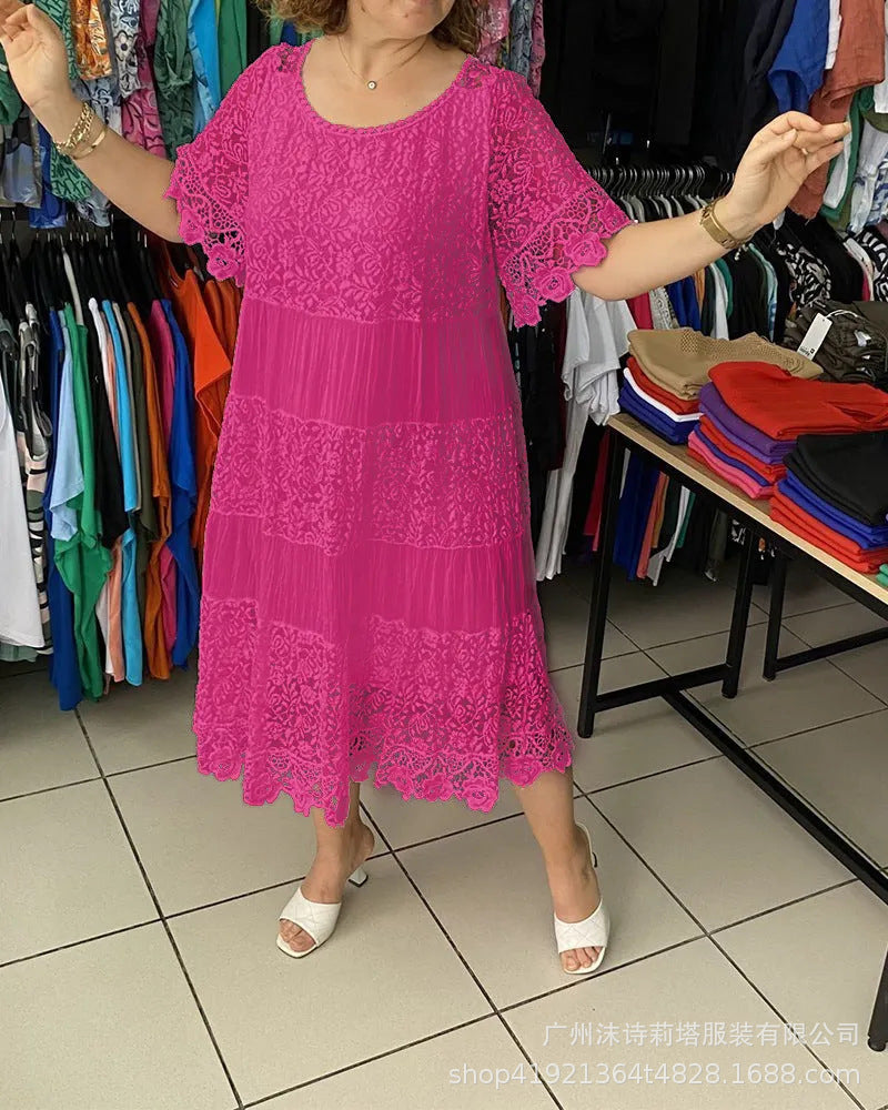 🌺👗【Ljetno rasprodaja🔥】【S-5XL】Nova haljina široke čipke s kratkim rukavima i okruglim izrezom, velike veličine