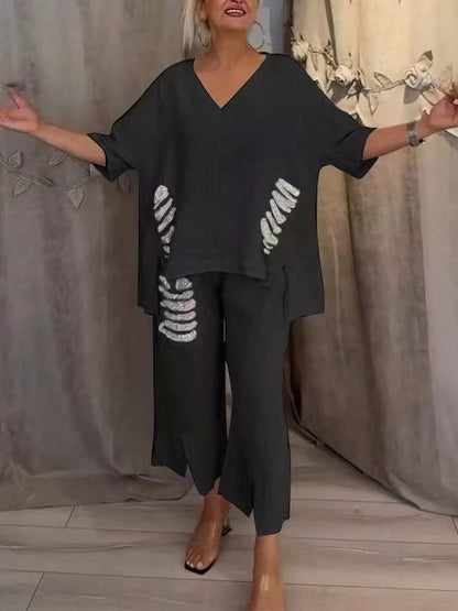 ✨💖【50% reducere】【S-5XL】Costum casual pentru femei, din două piese, din bumbac și în, cu decolteu în V, 2025 