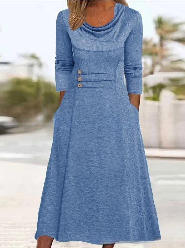🍁【Νέα Φθινοπωρινή Άφιξη🔥】【S-3XL】👗 Κομψό μονόχρωμο φόρεμα με τσέπες και στρογγυλή λαιμόκοψη