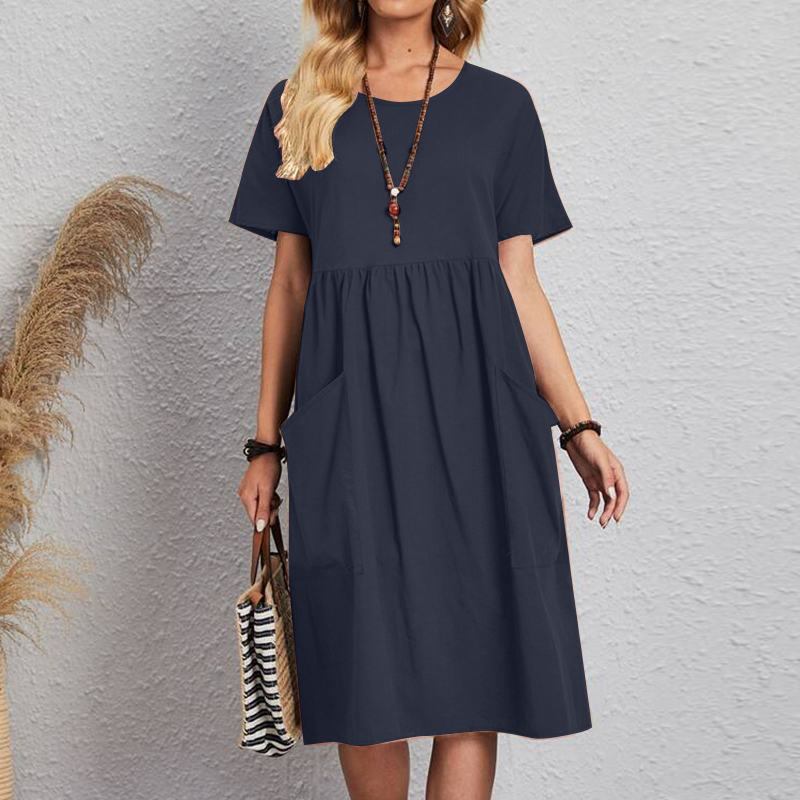 🔥💕【Oferte speciale de vară✨】【S-5XL】Rochie de vară nouă 2025, din bumbac și în de culoare pură, confortabilă și respirabilă 