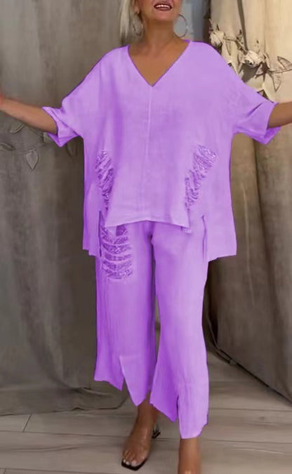 ✨💖【50% reducere】【S-5XL】Costum casual pentru femei, din două piese, din bumbac și în, cu decolteu în V, 2025 