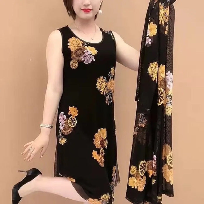 🔥🎉【Stil nou de vară】Rochie nouă din două piese pentru doamne de vârstă mijlot și în vârstă, cu imprimeuri la modă 