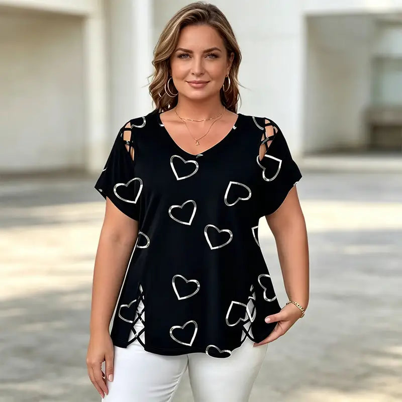 ✨👚【S-5XL】Camiseta de manga corta para mujer con estampado de corazón calado y lazo, a la moda
