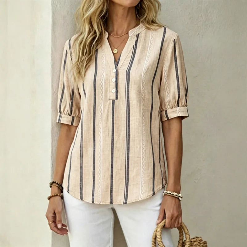 【50% de descuento】Camisa de verano de manga corta de algodón y lino a rayas, tejido transpirable.