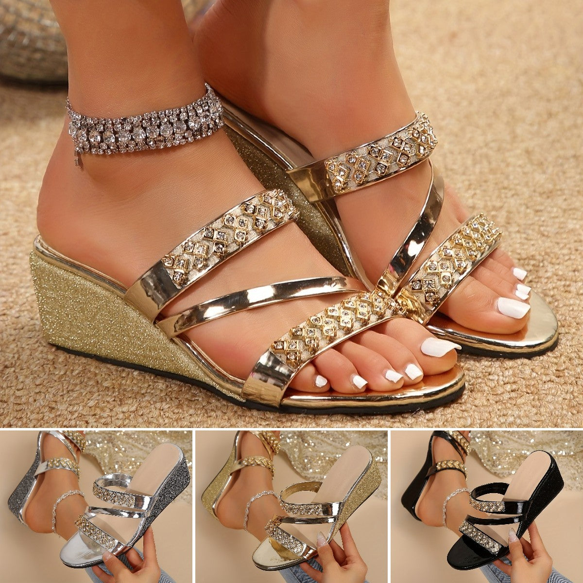 🔥✨【Ograničena količina】【36-42】✨🌈Nove modne, prekrasne sjajne ženske papuče s kristalima, elegantne i šarmantne