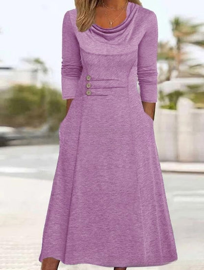 🍁【Νέα Φθινοπωρινή Άφιξη🔥】【S-3XL】👗 Κομψό μονόχρωμο φόρεμα με τσέπες και στρογγυλή λαιμόκοψη