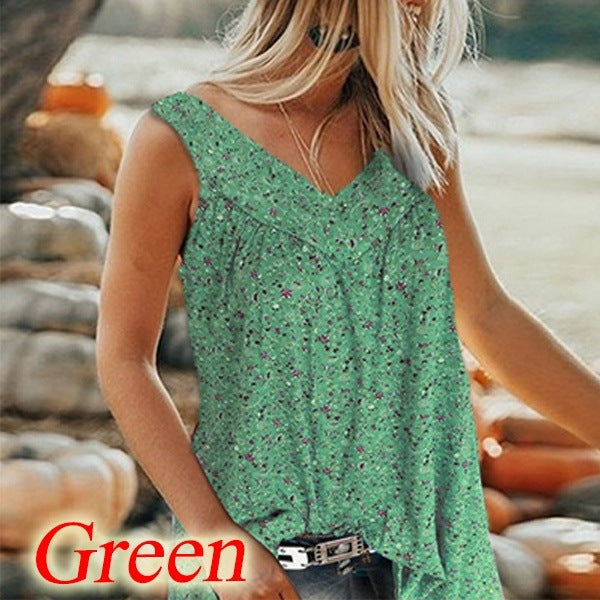 🎀【50% reducere🔥】【S–5XL】✨Bluză de vară elegantă, casual, cu imprimeu, decolteu în V, fără mâneci, pentru femei