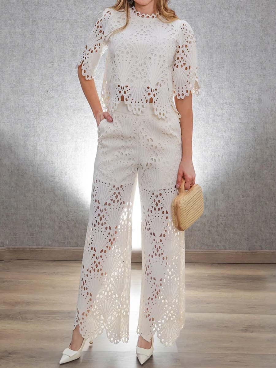 🔥✨【Nowe oferty specjalne🌈】【S-4XL】2025 Lato Nowa moda Elegancki haft Hollow Płatek Rękaw Koronka Damski garnitur
