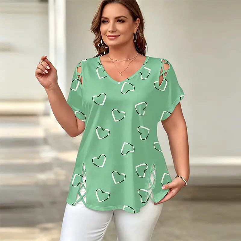 ✨👚【S-5XL】Camiseta de manga corta para mujer con estampado de corazón calado y lazo, a la moda