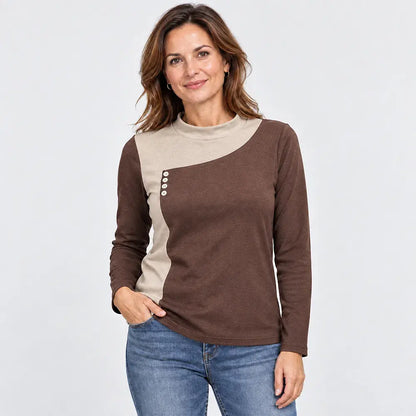【M – 3XL / 4 farieb】Blúzka v štýle color-block so stojačikom a ozdobnými gombíkmi (ľahký hrejivý flís)