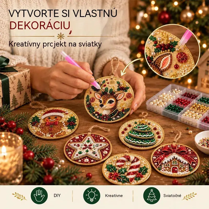 🎄 Súprava 6 vianočných ozdôb na vlastnoručné vytvorenie (diamantové maľovanie) – kreatívny projekt pre celú rodinu, ideálny na stromček, do okna či ako darček!