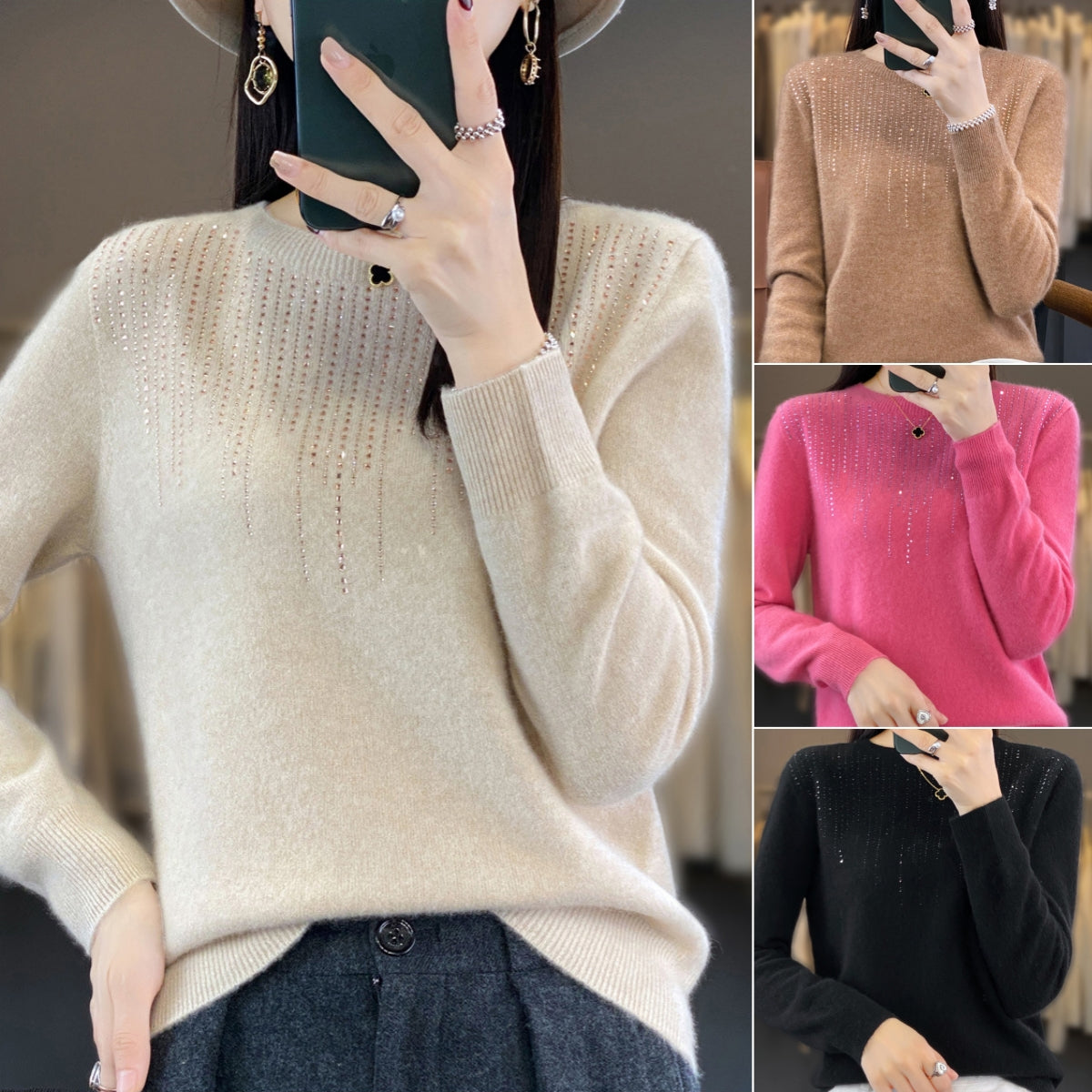 🔥🍁【Есенен нов】【S-2XL】✨🌷Висококачествен, модерен и елегантен дамски кадифен кардиган с кръгло деколте и бижута