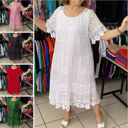 🌺👗【Ljetno rasprodaja🔥】【S-5XL】Nova haljina široke čipke s kratkim rukavima i okruglim izrezom, velike veličine