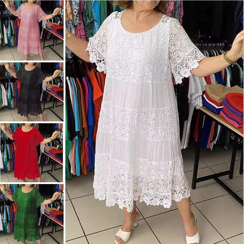 🌺👗【Ljetno rasprodaja🔥】【S-5XL】Nova haljina široke čipke s kratkim rukavima i okruglim izrezom, velike veličine