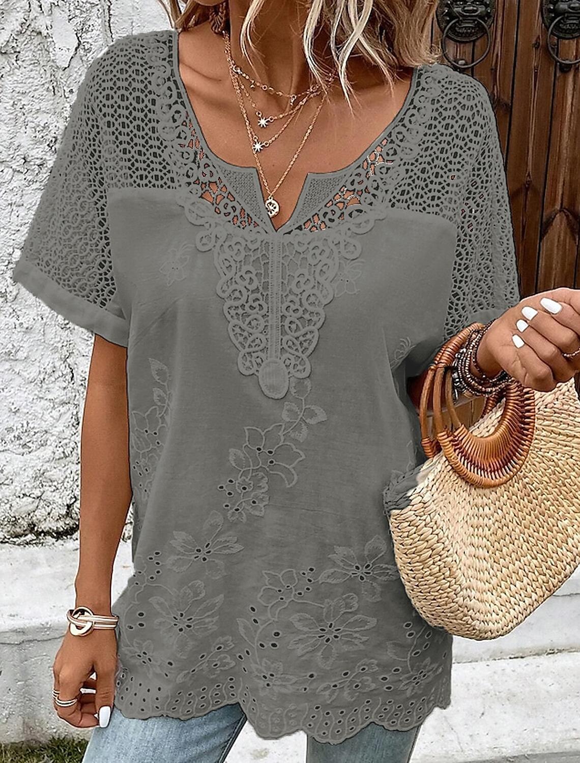 【S–6XL】Blusa de encaje con cuello en V para mujer | Blusa de verano bordada con mangas cortas |