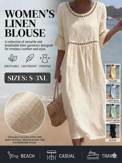 ✨🎉【S-3XL】Nuevo vestido de verano para mujer de algodón y lino, transpirable y suave, cómodo de llevar.