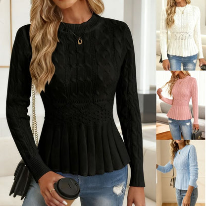 🔥✨Nowy sweter damski w stylu retro, okrągły dekolt, długie rękawy, wąska talia