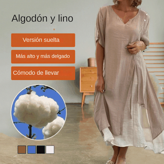 🔥🎉【S-4XL】Rochie de vară 2025, cu fustă neregulată și decolteu în V, model fals din două piese