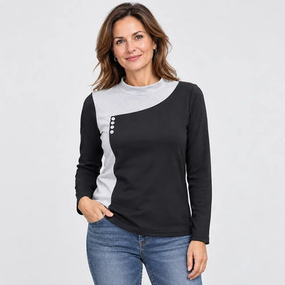 【M – 3XL / 4 farieb】Blúzka v štýle color-block so stojačikom a ozdobnými gombíkmi (ľahký hrejivý flís)