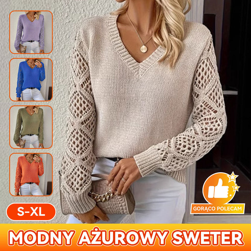 🔥🌷 Nowy sweter z V-dekoltem i ażurowym wzorem - Elegancja w każdym szczególe! Uniwersalny i modny! ✨