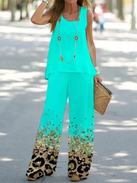 🔥✨【S-3XL】🌸【Topy + Spodnie】2025 Lato Nowy Moda Swobodny Bez Rękawów Drukowany Damski Garnitur