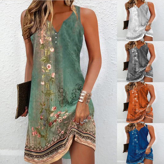 🔥👗【Lichidare de vară✨】Rochie de vară fără mâneci, cu imprimeu, casual, la modă 