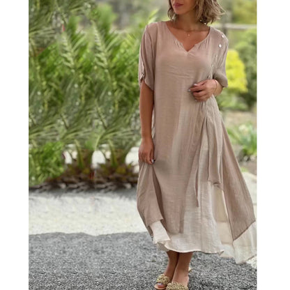 🔥🎉【S-4XL】Rochie de vară 2025, cu fustă neregulată și decolteu în V, model fals din două piese 