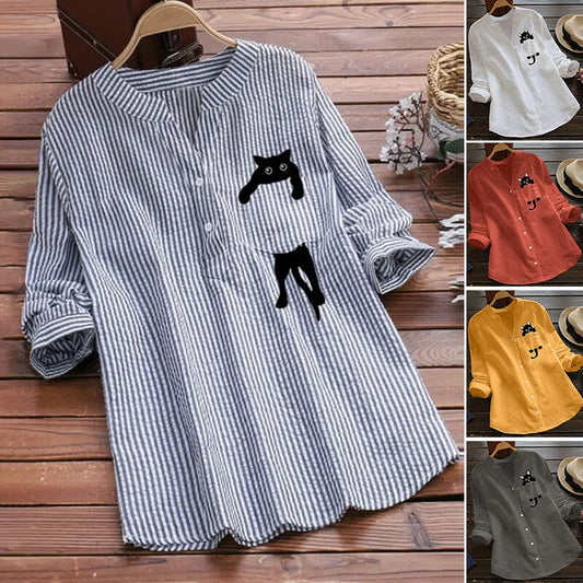 ✨🌈【Novi ljetni stil🔥】【S-3XL】Ljetna pamučna košulja s mačjim printom i V-izrezom, novo u 2025.