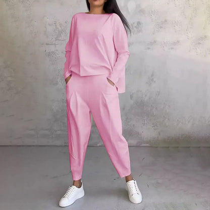 💖[Top + Kalhoty] Módní dvoudílná souprava, jednobarevné ležérní a trendy dámské oblečení, příjemná látka z čisté bavlny
