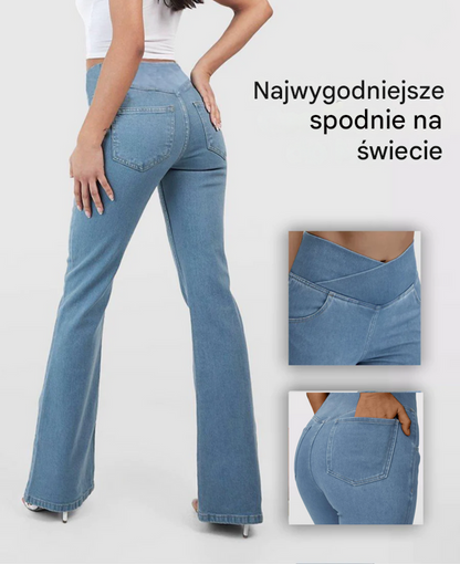 🔥✨【XS-4XL】🌷🌈Нови тесни дънки с висока талия и широки крачоли, стягащи и повдигащи ханша