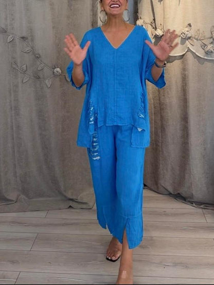 ✨💖【50% reducere】【S-5XL】Costum casual pentru femei, din două piese, din bumbac și în, cu decolteu în V, 2025 