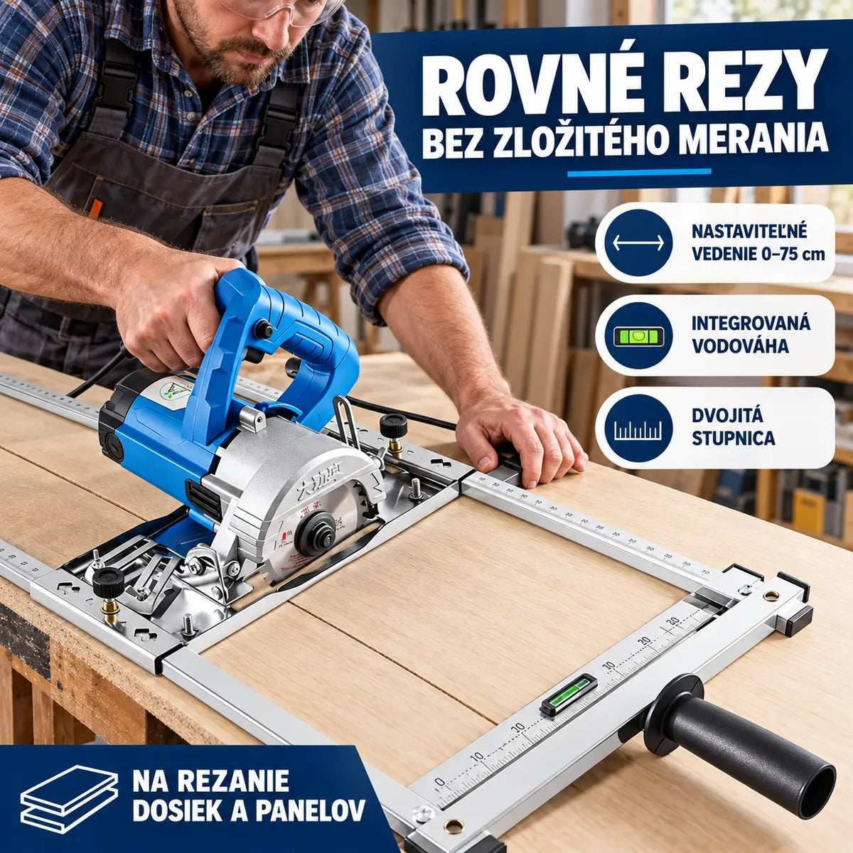 🛠️ Prenosná multifunkčná vodiaca lišta na rezanie panelov – nastaviteľná 0–75 cm, s vodováhou a dvojitou stupnicou. Presné a rovné rezy pre váš projekt! ✨