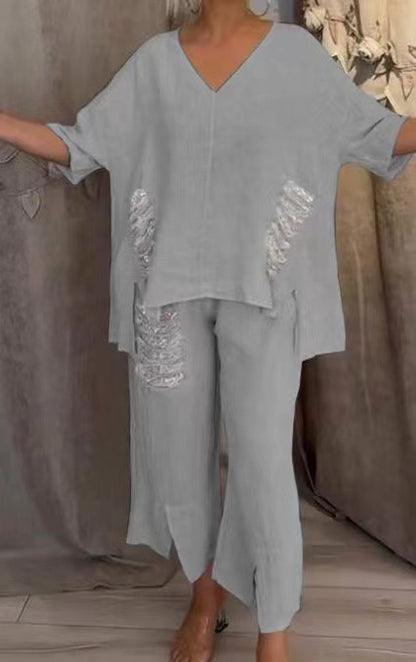✨💖【50% reducere】【S-5XL】Costum casual pentru femei, din două piese, din bumbac și în, cu decolteu în V, 2025 