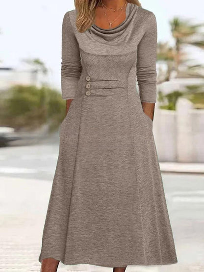 🍁【Noutăți de toamnă🔥】【S-3XL】👗 Rochie elegantă de culoare uni, cu buzunare și decolteu rotund