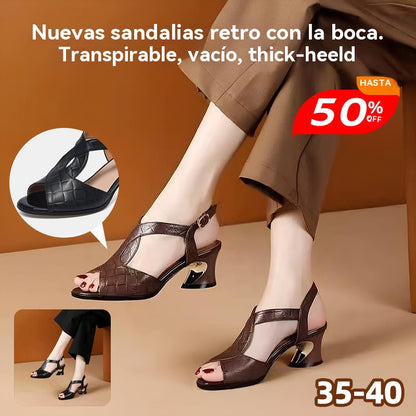 🏆【🔥Venta caliente】👠【35～40】Nuevas sandalias retro de tacón grueso y hueco con boca de pez transpirables