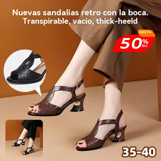 🏆【🔥Venta caliente】👠【35～40】Nuevas sandalias retro de tacón grueso y hueco con boca de pez transpirables