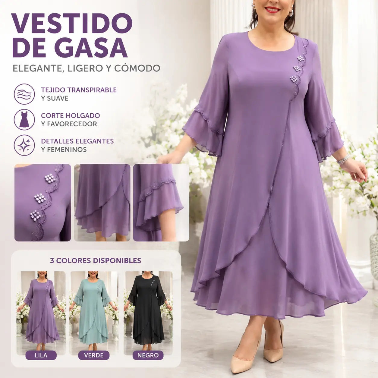 ✨🌷【S-5XL】【40-120 kg】Nuevo vestido de gasa de alta calidad 2026 - Elegante y fluido