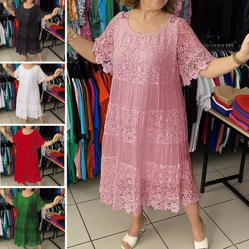 🌺👗【Ljetno rasprodaja🔥】【S-5XL】Nova haljina široke čipke s kratkim rukavima i okruglim izrezom, velike veličine