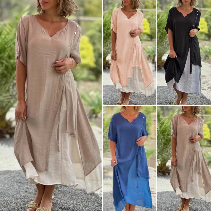 🔥🎉【S-4XL】Rochie de vară 2025, cu fustă neregulată și decolteu în V, model fals din două piese 