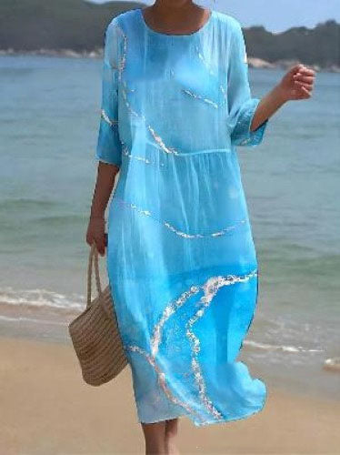 💞💖【S-5XL】Rochie lungă și lejeră, la modă, vara 2025——Decolteu rotund, imprimeu, stil la modă și casual! 💖✨ 