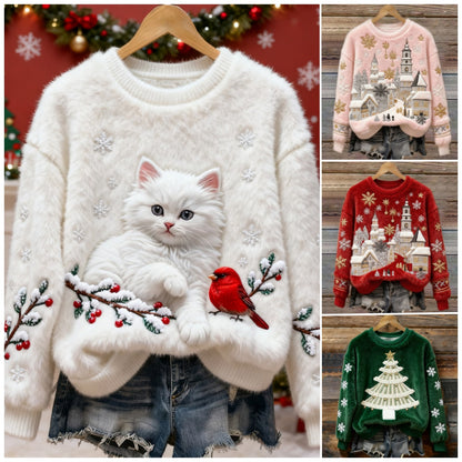 🔥🎄【S-5XL】⛄✨Нов моден фланелен коледен пуловер за жени за есен/зима, декориран с различни изящни шарки