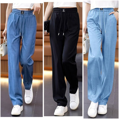 🍃🌈【S-3XL】Swobodne spodnie z wysokim stanem z jedwabiu lodowego - wygodne i modne, idealne na lato