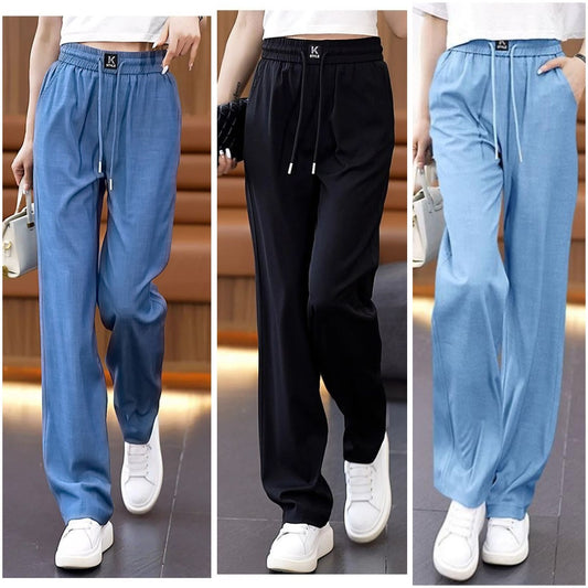 🍃🌈【S-3XL】Swobodne spodnie z wysokim stanem z jedwabiu lodowego - wygodne i modne, idealne na lato