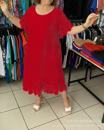 🌺👗【Ljetno rasprodaja🔥】【S-5XL】Nova haljina široke čipke s kratkim rukavima i okruglim izrezom, velike veličine