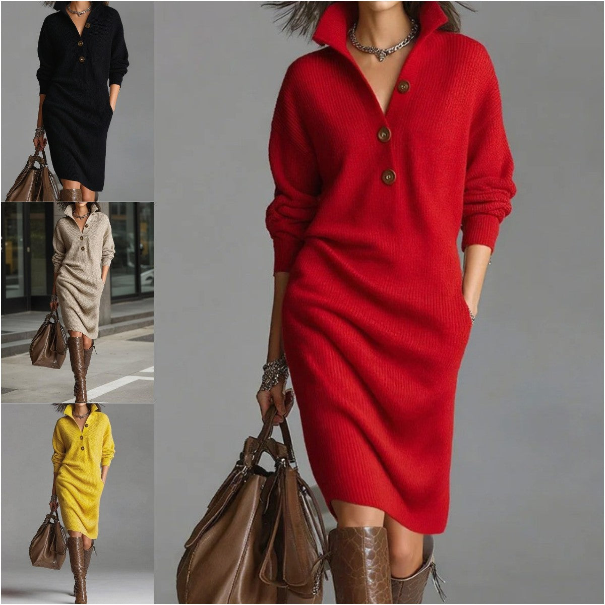 🔥🌷【Producto destacado】【Tallas S-3XL】✨🎉Nuevo vestido de punto con solapa, estilo europeo y americano