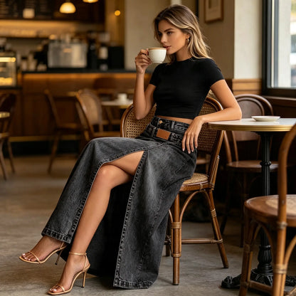 🙌💕【S-3XL】Falda midi vaquera para mujer, diseño de cintura multicapa, elegante y con estilo.